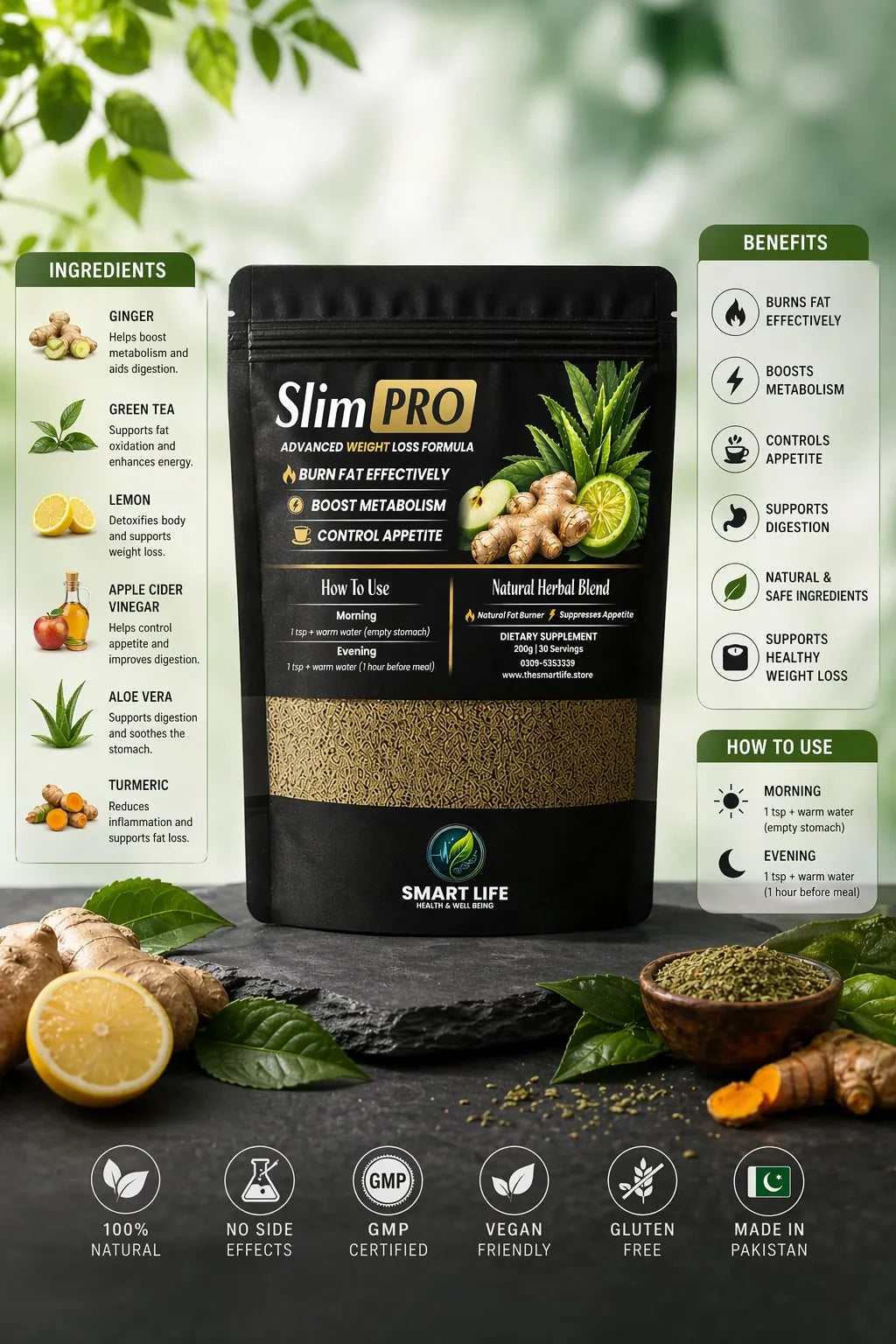 Slim PRO Natural Ingredients – Ginger Green Tea Turmeric Aloe Vera Lemon Apple Cider Vinegar Herbal Blend
